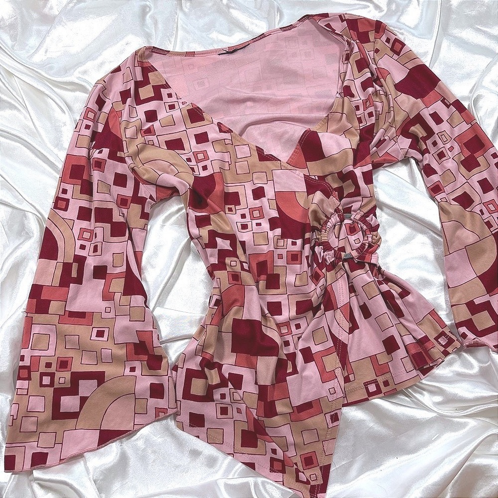 y2k Wrap Top Pink Excellent Geometric Print O-Ring Bell Sleeve Retro Blouse